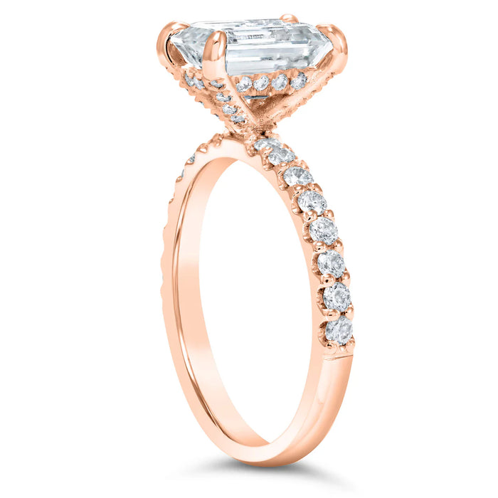 Vanessa | Emerald Cut Hidden Halo Pave Band 14K Rose Gold Engagement Ring - Diamond Daughters, Front View