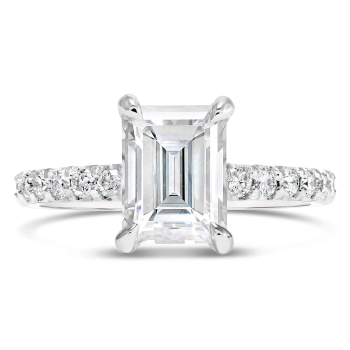 Vanessa | Emerald Cut Hidden Halo Pave Band 14K White Gold Engagement Ring - Diamond Daughters, Front View