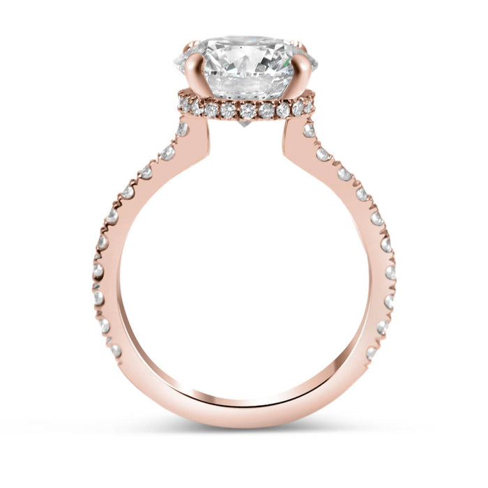 Round Moissanite Hidden Halo Pave 14K Rose Gold Engagement Ring, Top View